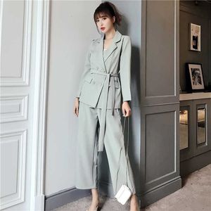 Höst Vinter Kvinnor Lace Up Pant Suit Notched Blazer Jacket Wide Leg Office Kvinna uppsättningar 210930