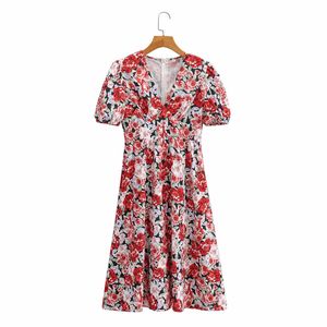 Moda V-Neck Koszulka z krótkim rękawem Sukienka Vintage Elegancki Kwiat Druku Temperament Temperament Mini Dresses Vestidos Mujer 210507