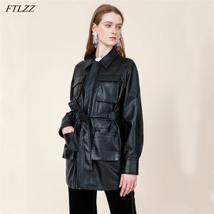 Jesień PU Leather Long Jacket Faux Soft Coat Black Motocykl Kurtki Kobiety Rowerzysta Z Pasem Luźny Znosić 210430