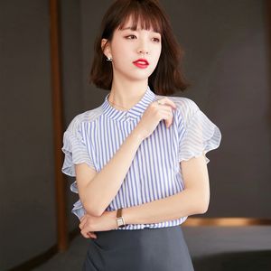 쉬폰 여성 셔츠 짧은 소매 스트라이프 프릴 블라우스 여름 셔츠 패션 소녀 쉬폰 블라우스