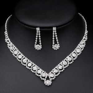 Rhinestone Crystal Bridal Smycken Satser för Kvinnor Halsband Örhängen Set Bröllop Smycken Tillbehör