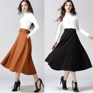 Höst och vinter ny kvinnors ullkjol stora svängkjolar a-line kjol lång kjol med bälte