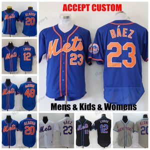 Mens 12 Francisco Lindor 23 Javier B￡20 Pete Alonso Бейсбольные майки Custom York Jacob deGrom New Conforto Syndergaard Edwin Diaz Pillar Mike Piazza Сшитая рубашка