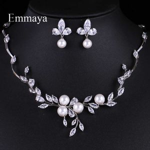 Emmaya Luxury Style Growing Leaves With Pearl Cubic Zircon Elegant Jewellry Sets Earring Necklace For Women Attending Party H1022
