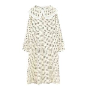 Sailor Collar Print Polka Dot Black Beige Long Sleeve Midi Loose Dress Elegant Kawaii Sweet Japanese D1678 210514