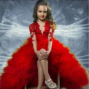 Red Lace Appliqued High Low Flower Girl Dresses For Wedding Tiered Skirts Little Girls Pageant Dress Feather First Holy Communion Gowns