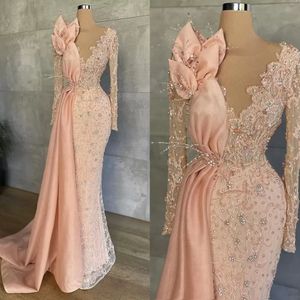 2022 Peach Pink Long Sleeve Prom Formal Dresses Sparkly Lace Beaded Illusion Mermaid Aso Ebi African Evening Gown