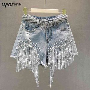 Gratis kvinnlig denim shorts sommar slitage hög midja bantning tunga pärlstaven sequin fransed ripped jeans byxor 210524