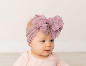 4pcs Big Ruffle Bow Nylon Headband Wide Baby Turban Super Soft Chiffon Handmade Knotted Infant Headwrap One Size Fits