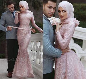 Vestidos Longos Hijab venda por atacado-Árabe Dubai modesto manga longa rosa vestidos de noite hijab altamente Pescoço apliques lantejoulas vestidos de baile sereia vestido de festa com saia destacável