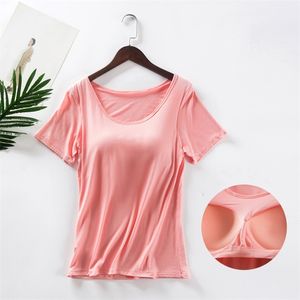 T-shirt Mulheres verão construído em sutiã o pescoço preto sólido vermelho manga curta top camisa feminina modal plus size d190513 210623