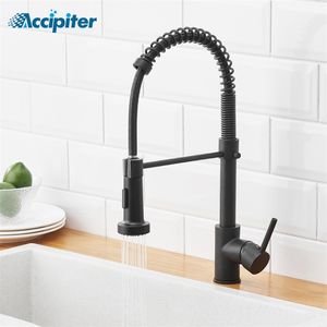 Quality Black Modern Kitchen Faucet Single Hole Pull Out Spring Faucets Sink Mixer Tap Brushed Nickel/Black Mixer Tap Brass 211108