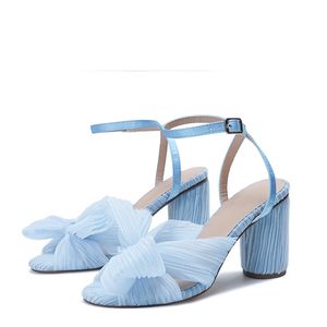 Sandali alla moda Sandali con tacco grosso 2022 Nuove scarpe da fata retrò in seta con fiocco francese Blu Nero con scatola