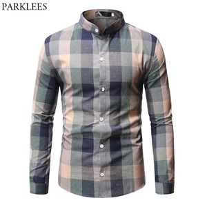 Mäns Mandarin Collar Plaid Dress Shirts Vår Långärmad Casual Button Down Shirt Men Business Office Chemise Homme 210522