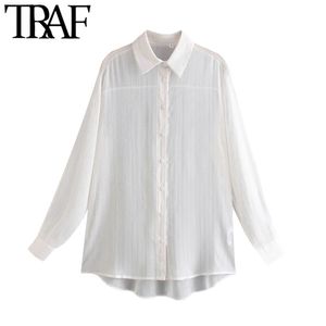 Mulheres moda semi-sheer linha metálica listrada blusas vintage manga comprida botão-up fêmea camisas chique tops 210507