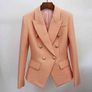 HIGH STREET Classic Designer Blazer Women's Slim Fitting Metal Lion Button Double Breasted Textured Jacket Nude 210521