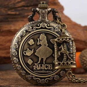 Mens Watches Retro Bronze Dream Alice in Wonderland Rabbit Poker Carousel Accessory Quartz Pocket Watch Chain Necklace Pendant for Girl Women