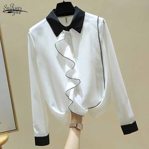 Mulheres Lapela Splicing Tops Outono Preto E Branco Costura de Manga Longa Blusas Cardigan Chiffon Camisas para Blusas 11510 210508