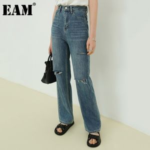 [EAM] High Waist Blue Slit Hollow Out Long Wide Leg Jeans Loose Women Trousers Fashion Spring Autumn 1DD8739 210512
