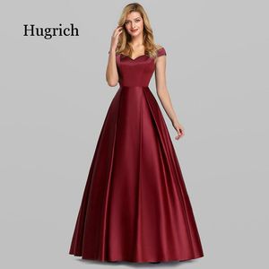 Lässige Kleider Elegantes Burgunder-Satin-Kleid, lang, hübsch, A-Linie, V-Ausschnitt, schulterfrei, Vestidos de Gala