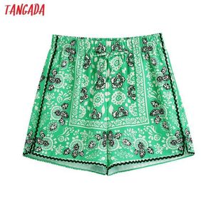 Tangada kvinnor retro grön blommig utskrift shorts vintage hög elastisk midja dragsko kvinnlig kort byxor mujer be941 210609