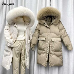 Fitaylor冬の大きな自然の毛皮の襟フード付きロングジャケットの女性白いアヒルのコートのウインドブレイクスリーブの暖かいアウトウェア211011