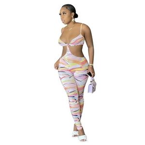 Estilo de Verão Mulheres Jumpsuit Moda Casual Sexy Apertado Impressão Irregular Halter Sem Mangas Fêmeas Romper Por Atacado 210525