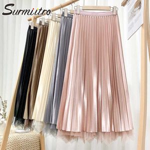Surmiitro Summer Reversible Long Plissed Tulle Skirt Kvinnor Koreansk stil Rosa Mesh Hög midja Estetisk Midi Skirt Kvinna 210712