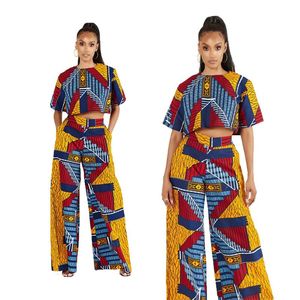 Etnik Giyim Iki Parçalı Set Afrika Giysileri Afrika Dashiki Moda Çiçek Baskı Suit Üst Pantolon Kadınlar için Süper Elastik Parti Kıyafetler