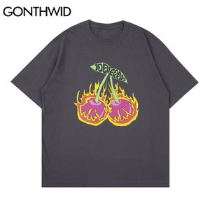 Gonthwid Streetwear Tees Camiseta Hip Hop Incêndio Flama Fruta Cherry Cópia Algodão Tshirts Streetwear Harajuku Casual Manga Curta Tops C0315