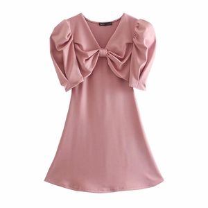 Summer Moda temperament Chic V-Neck Bow Tie Proste Damskie Dress Casual Street Youth Women 210531