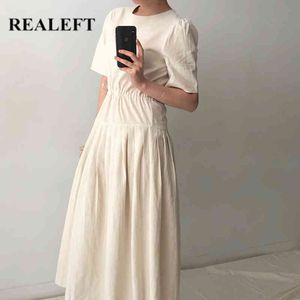 Yaz Zarif kadın Uzun Pileli Dressshort Kol O-Boyun Kori Kore Çizim Kadın A-Line Elbiseler 210428