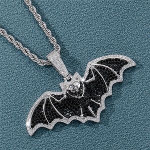 Hip Hop Iced Out Bat Pendant Halsband Micro Paved Black Zircon Silver Plated Mens BlingJewelry Gift