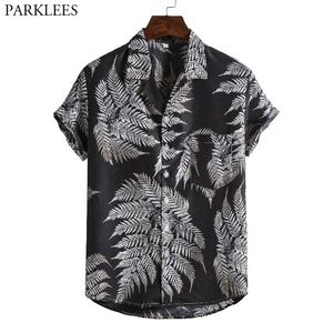 Мужской праздник повседневный с коротким рукавом гавайская рубашка с коротким рукавом листья печатают тропический алоха черная рубашка приморская пляж носить химиз 210522