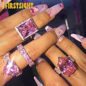 Big Pear Shape Accent Stone Rings Rose Gold Pricess Cut Full CZ Band Bröllop Engragment Tear Drop Pink Pinky Ring för kvinnor 210701