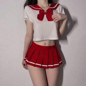 Women Sexy Student Uniform School Girl Ladies Erotic Lingerie Cosplay Costume Babydoll Dress Bow Tops Miniskirt Outfits One Size Q0818