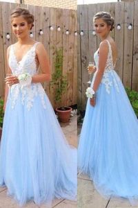 Light Blue A Line Prom Dress Lace Aplikacja Długa suknia wieczorowa Graduation Party Formalne sukienki