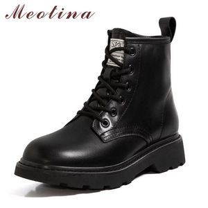 Meotina Genuine Leather Platform Mid Heel Short Boots Women Motorcycle Boots Shoes Lace Up Zipper Block Heels Ankle Boots Black 210608