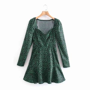 BBWM Women Chic Fashion Green Flowers Print Mini Dress Vintage Heart-Shaped Collar Long Sleeve Female Dresses Vestidos 210520