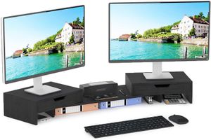 Dual-Monitor-Ständer mit verstellbarer Länge und Winkel, Computer-Riser aus Bambus mit 2 zusätzlichen Schubladen, Schreibtisch-Organizer für Laptop, Computer