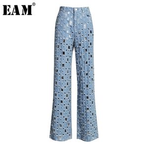[Eam] Largo perna azul Denim Hollow Out Cinças de Jeans Longa Cintura Loose Mulheres Calças Moda Primavera Outono 1K434 210809