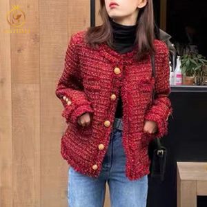 Röd Tweed Jacket Höst / Vinter Kvinnor Tassel Jacka Coat Classic Ladies Bright Wire Flätad Woolen Outwear