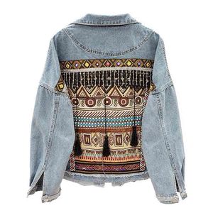 Vintage Jeans Jacka Coat Kvinnor Tassel Broderi Blommor Denim Lossa Långärmad Short Böhmen Kvinna Outwear 210922