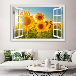 Adesivi murali Adesivo Finestra Vista Decorativo Estate Spiaggia Girasole Paesaggio Poster Carta da parati 3D Arredamento cucina