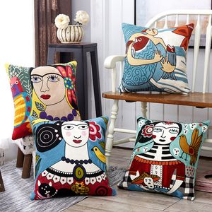 DUNXDECO Cushion Cover Decorative Pillow Case Abstract Painting National Design Cotton Thread Embroidery Sofa Chair Coussin Deco 220309