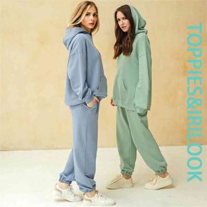 Toppies Kadın Hoodies Ve Sweatpants Beyaz Eşofman Kadın İki Parçalı Katı Renk Kazaklar Ceket Salonu Giymek Rahat 210812