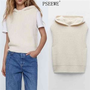 Beige Hooded Knitted Sweater Vest Women Vintage Preppy Rib Sleeveless Woman Winter Casual Pullover 210519