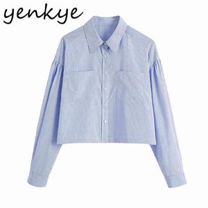Blue Striped Blouse Shirt Women Lapel Collar Long Sleeve Pockets Plus Size Blusas Female Streetwear Summer Crop Top 210430