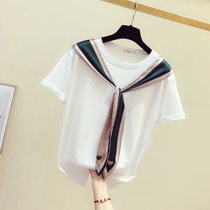 Spring Summer Loose Cotton Silk Scarf Patchwor Strap Short-sleeved O Neck Casual T-shirt Women's Tops 210615