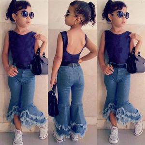 Crianças Crianças Bebê Meninas Flare Calças Denim Tassel Roupas Jeans Calças Kawaii Jeans para Meninas Conjunto Infantil Hnly24